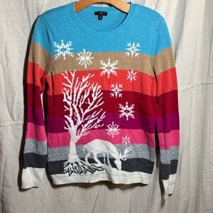Talbots Colorful Striped Sweater with Winter Motif